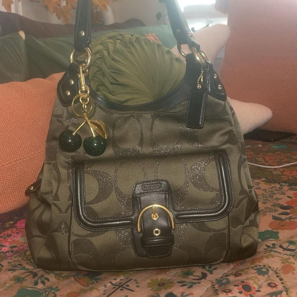 Y2k Coach Olive Green Shoulder Bag with Black Accents And Monochrome Design